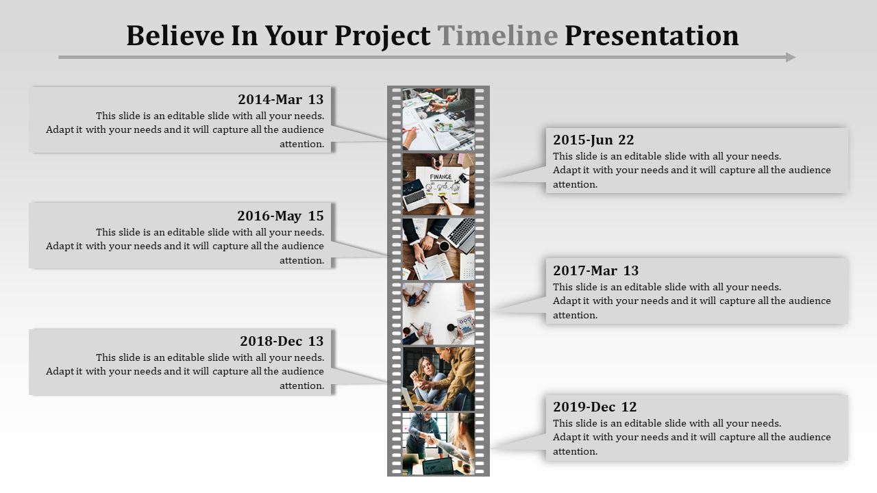 Project timeline presentation slide with six key dates, images, and captions on a filmstrip background.