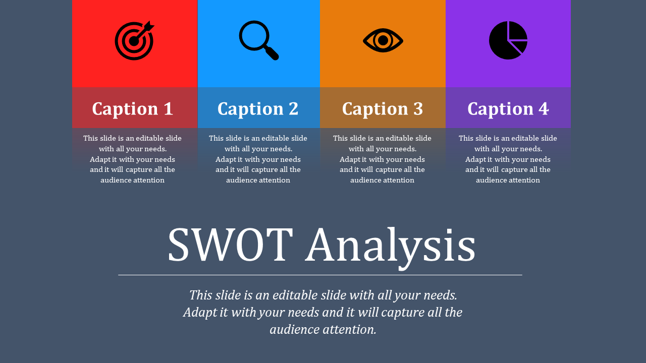SWOT analysis slide with four colorful sections featuring icons for target, magnifying glass, eye, and pie chart.