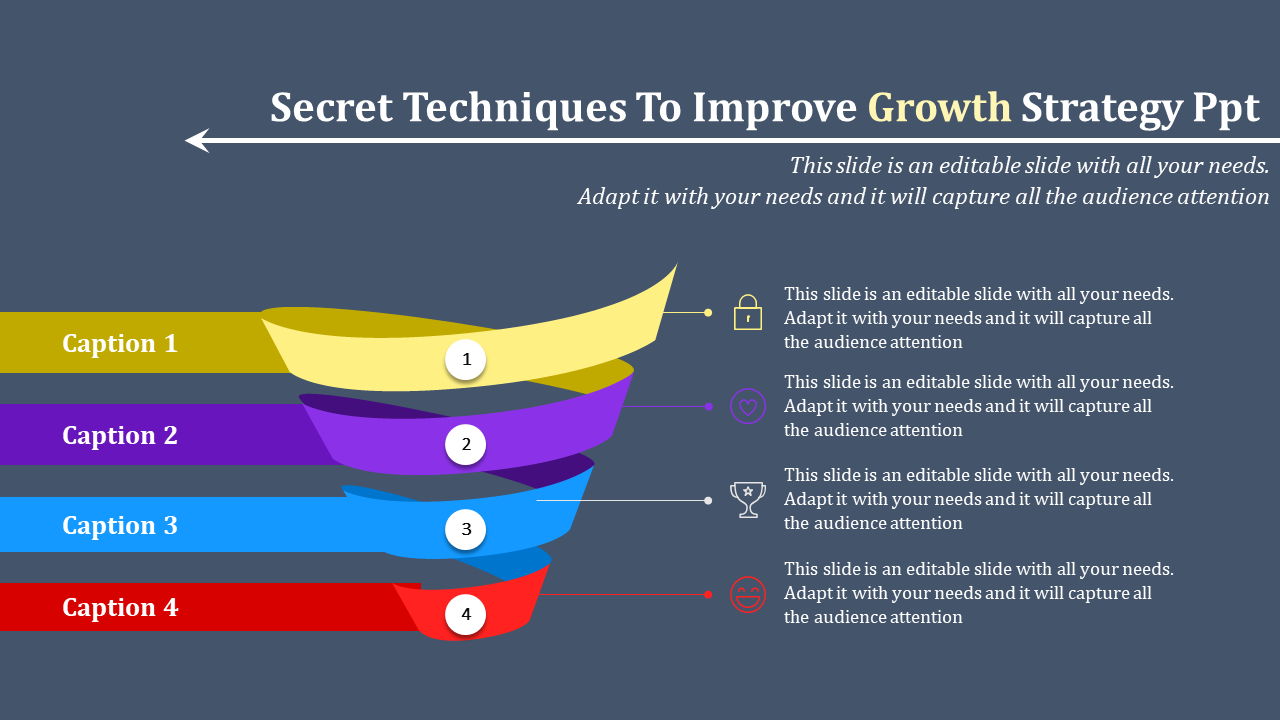 Slide with four colorful 3D ribbons in yellow, purple, blue, and red, labeled 1 to 4, with numbered circles and text.