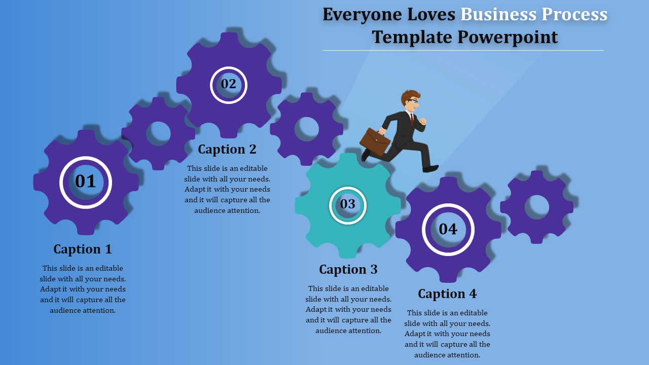 Business process slide with numbered gears 1 to 4 and a businessman stepping across the gears.