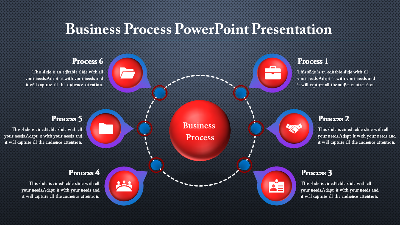 Business process chart showing six steps around a central red circle, with icons for briefcase, handshake, and folders.