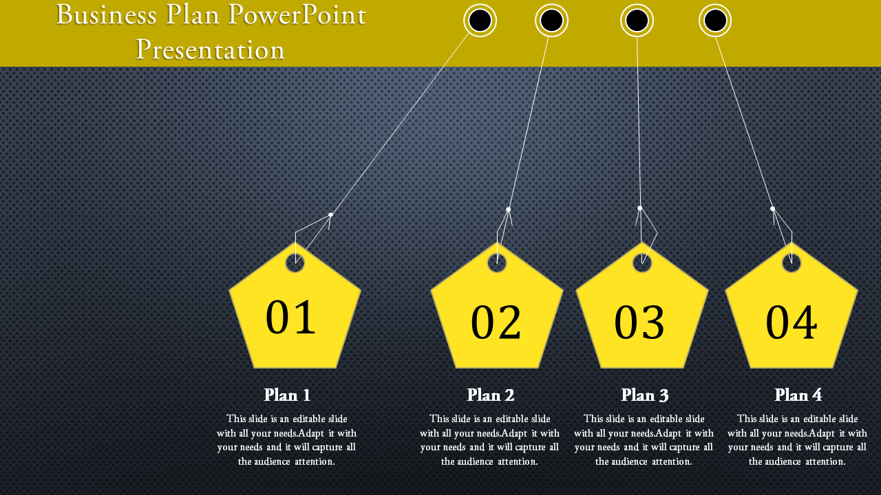 Business plan slide with four labeled yellow tags representing different plans, with each plan linked to an caption.