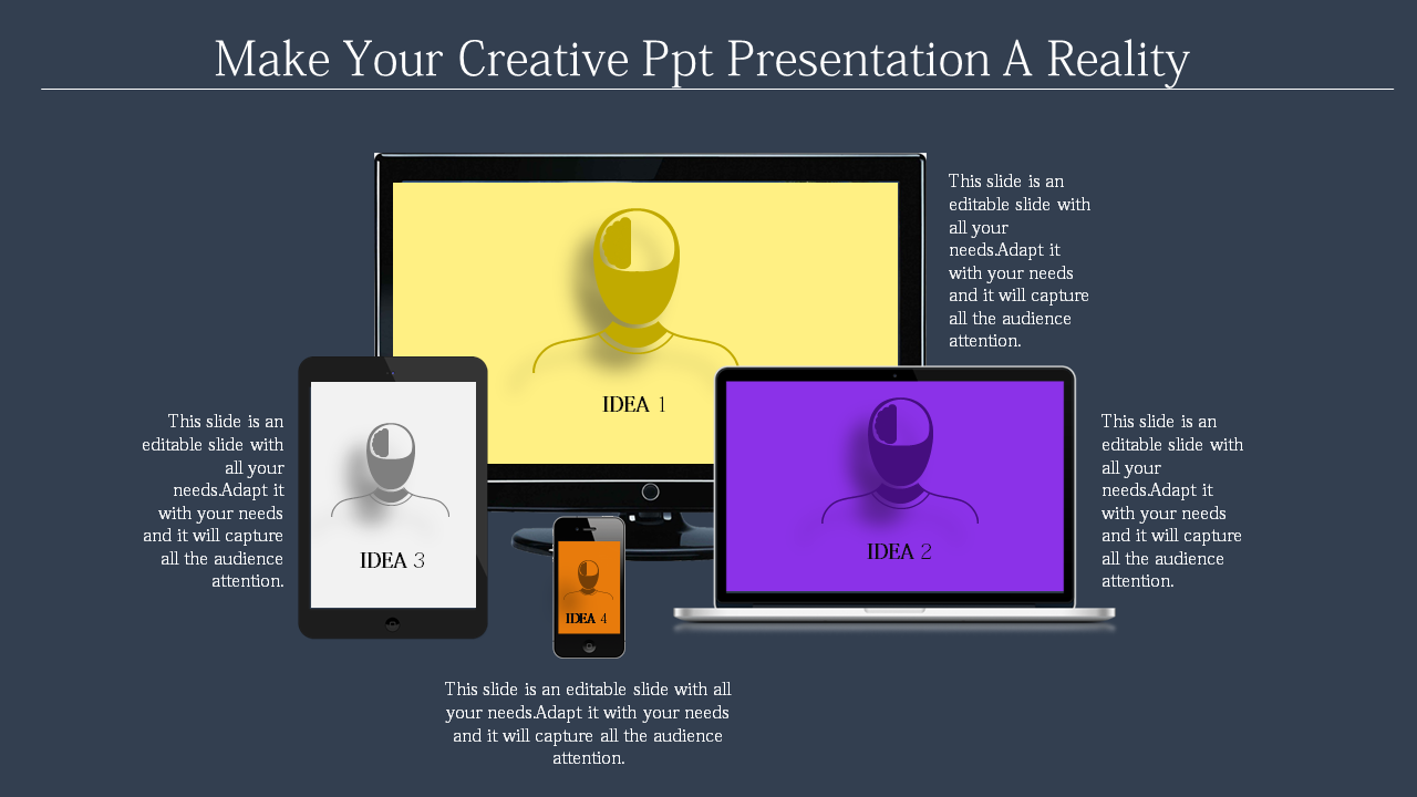 PowerPoint slide with various devices, including a laptop, phone, and tablet with placeholder text.