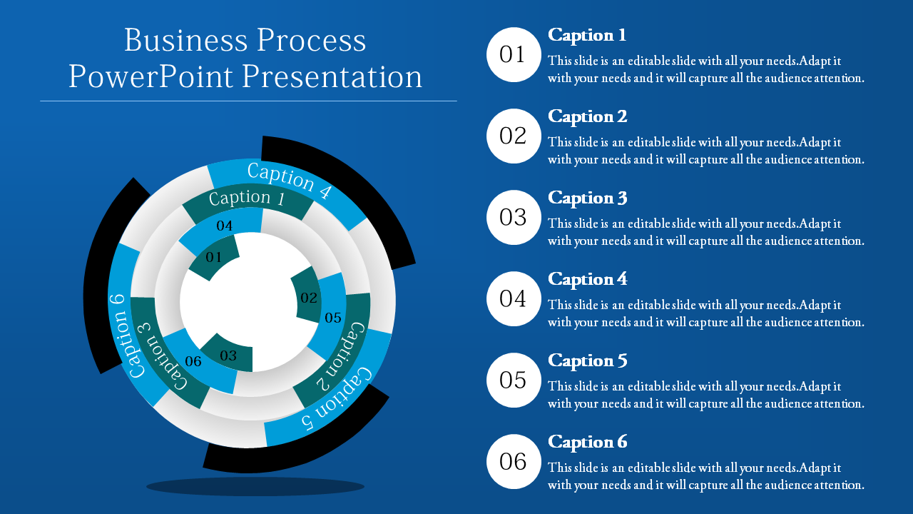 Business process PowerPoint slide with a circular flow diagram and captions for each step on a blue background.