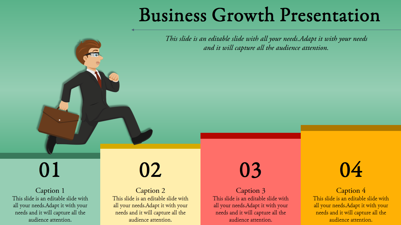 Business growth slide with a cartoon businessman running up four numbered steps in green, yellow, red, and orange.