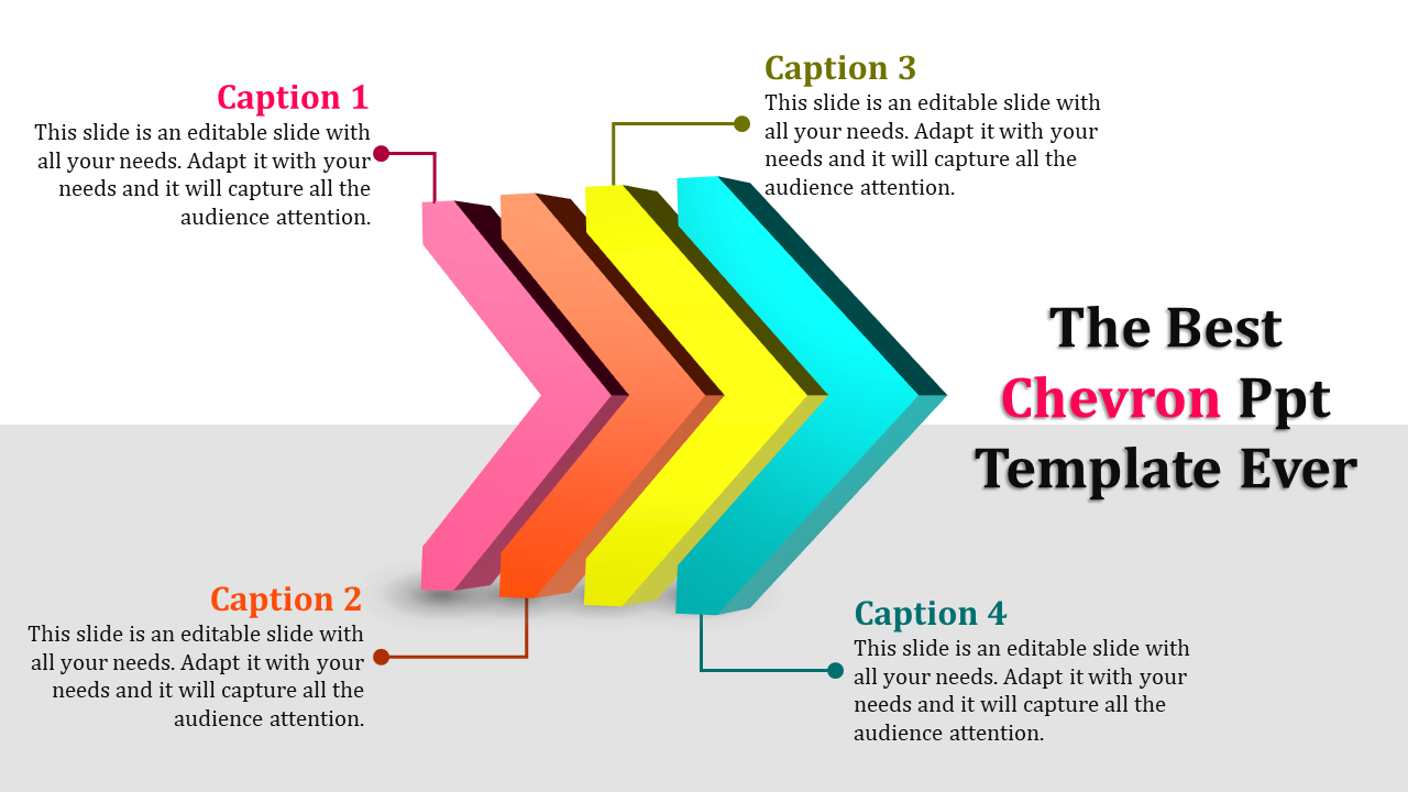 Chevron infographic with four colorful arrows in pink, orange, yellow, and blue, with labeled captions on both sides.