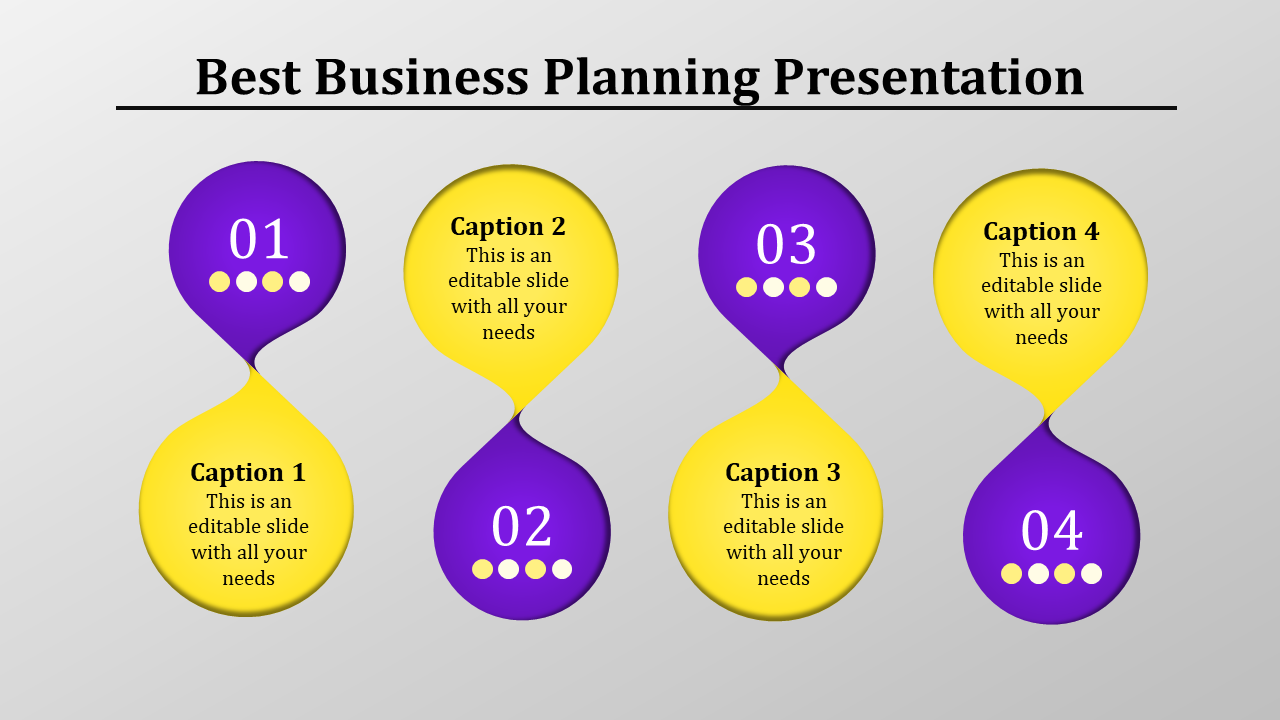 Four step business planning diagram with alternating purple and yellow hourglass shapes featuring numbers 01 to 04.