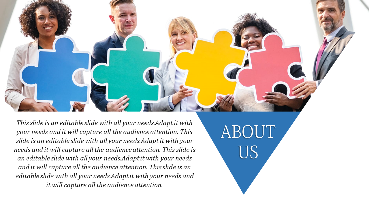 Team members holding large teal, green, yellow, and pink puzzle pieces, with about us text in a blue triangle overlay.