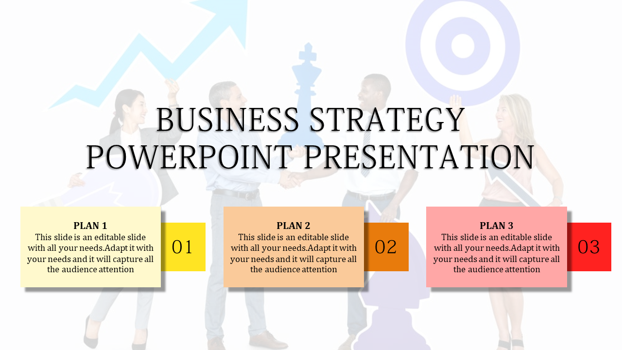 Business strategy slide featuring three plans with colorful boxes and a group of people shaking hands in the background.