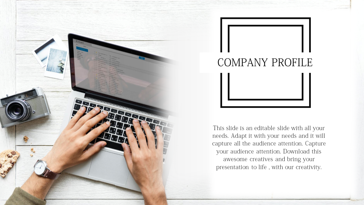 Hands typing on a laptop with a camera and photos on a wooden desk, alongside a company profile text box on the right.