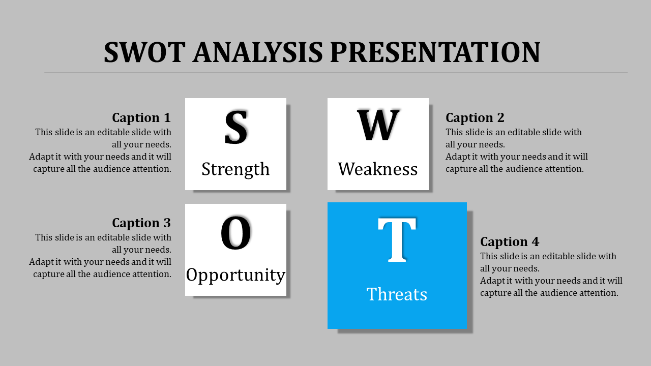 Slide featuring a clean SWOT design with bold letters, featuring white squares, and a blue highlight for threats.