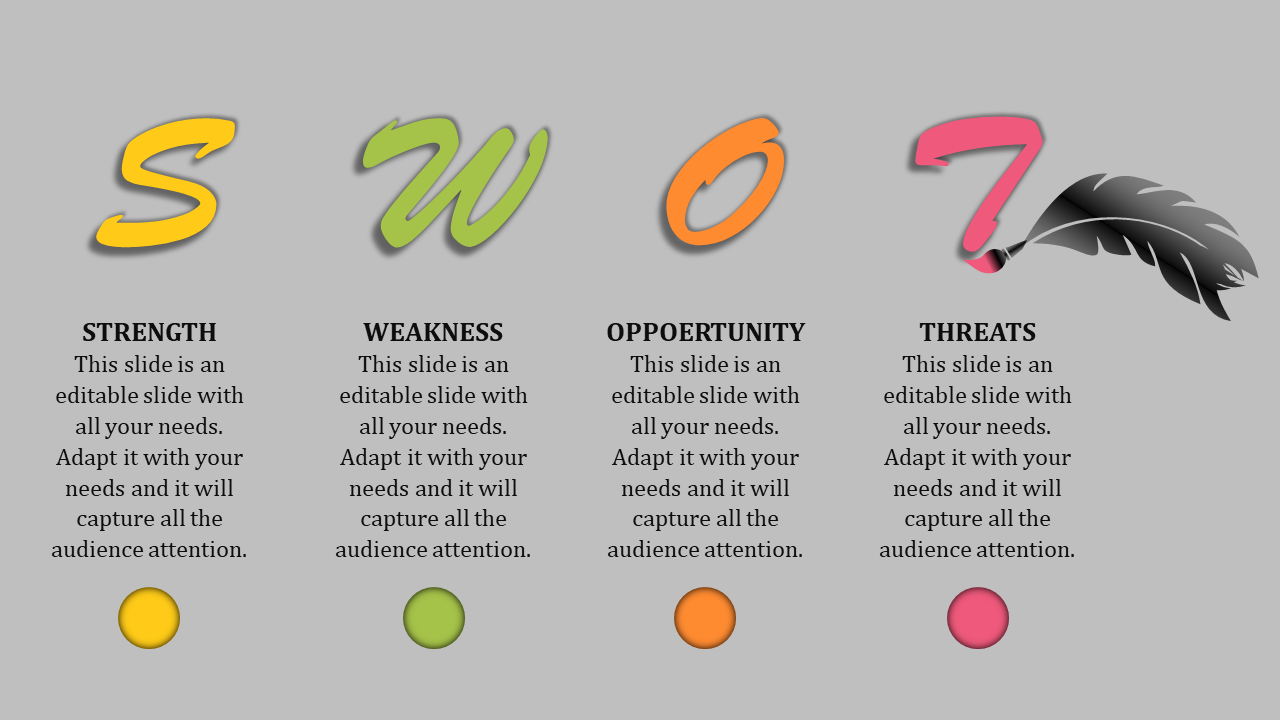 SWOT PPT slide with colorful text representing Strength, Weakness, Opportunity, and Threats, each with a colorful circle.