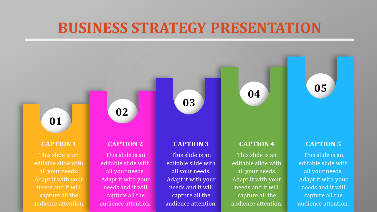 Business strategy presentation slide with colorful tabs and numbered captions for each option.