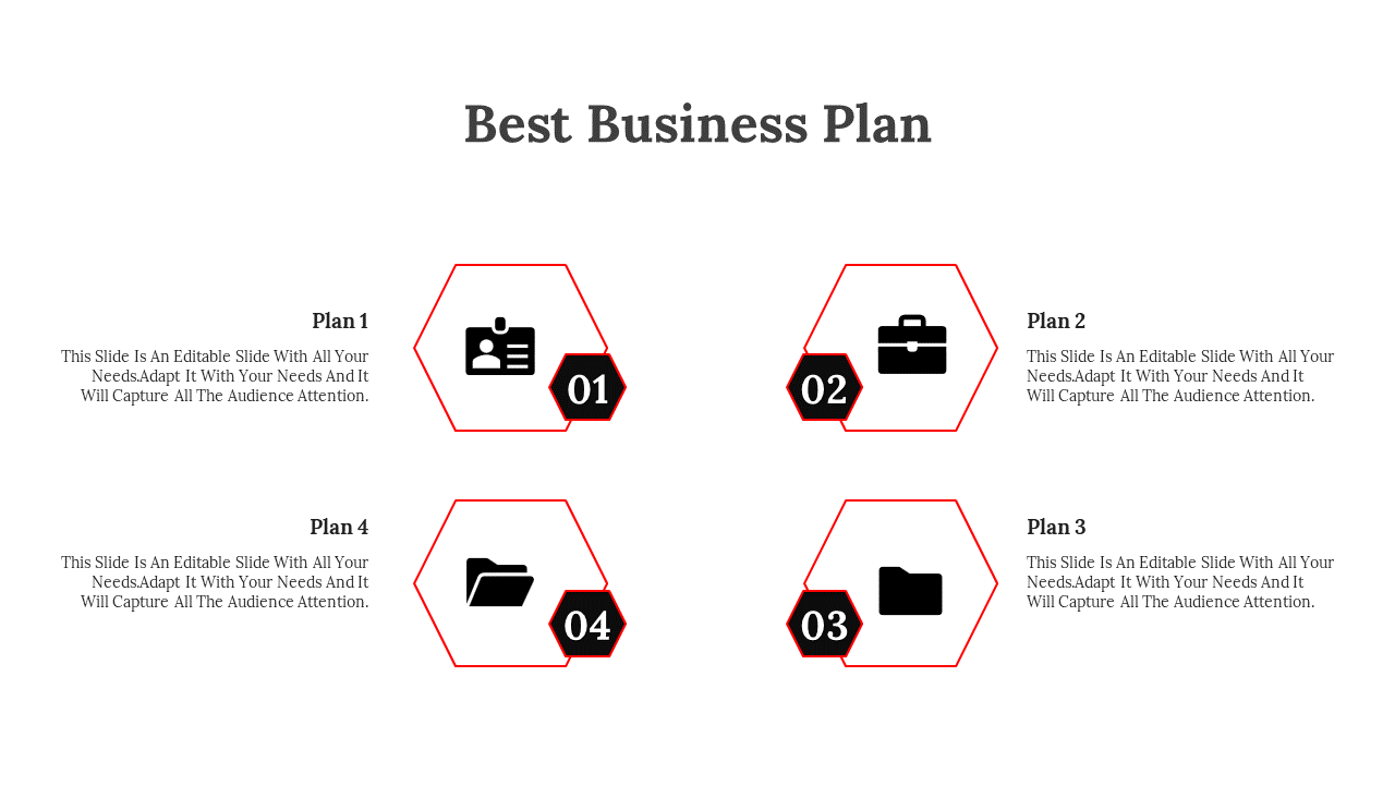 PowerPoint slide featuring four business plan options with icons Identity, Briefcase, Folder, and Document with text.
