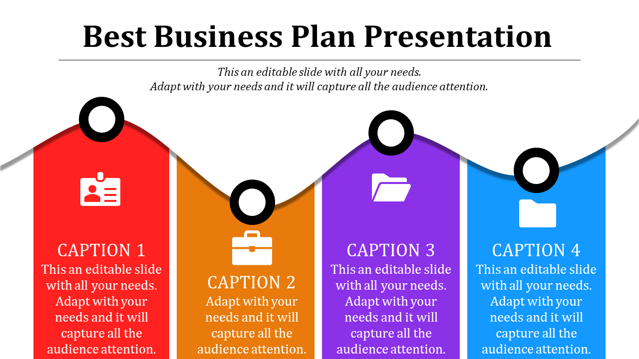 Business plan PowerPoint with four distinct colored sections labeled with icons and captions with placeholder text.