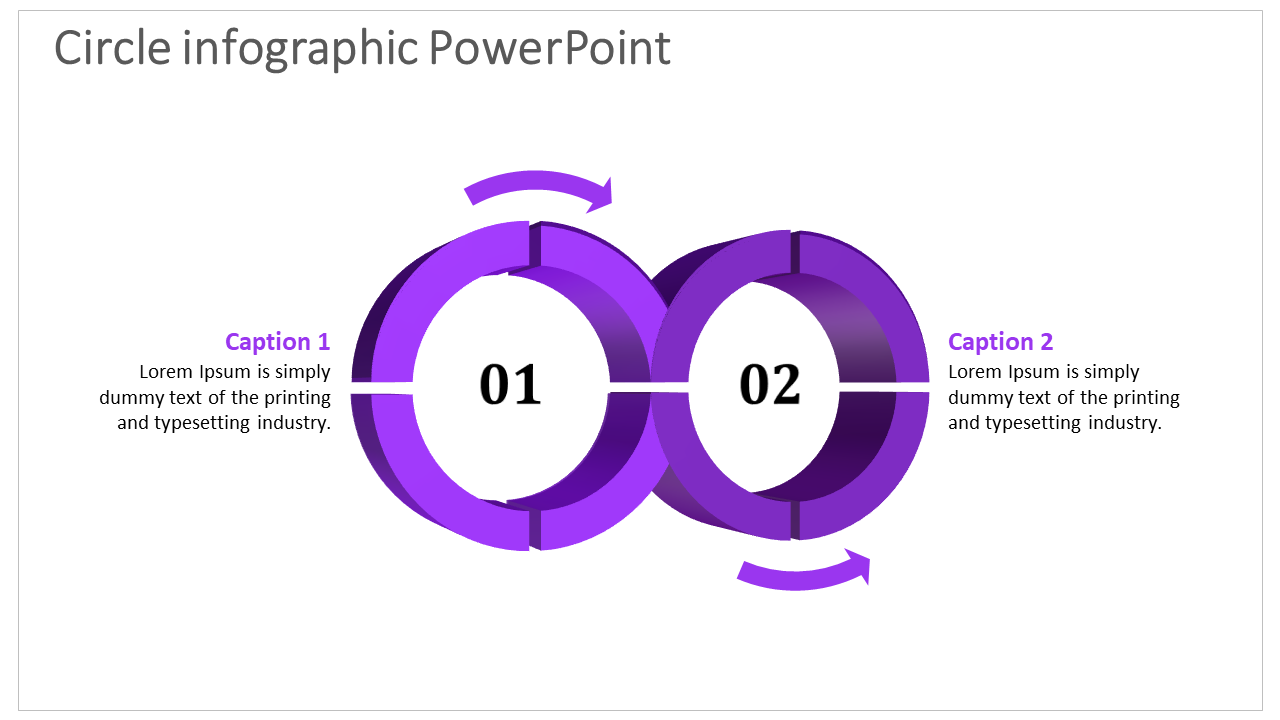 Infographic slide featuring two connected circular rings in purple, numbered 01 and 02, with captions on the left and right.