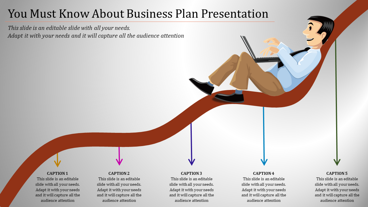 Illustration of a business professional reclining on a curved red timeline with five captions and arrows pointing downward.