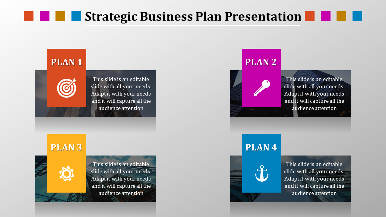 Four colorful plans in orange, pink, yellow, and blue featuring icons, on a sleek gray background.