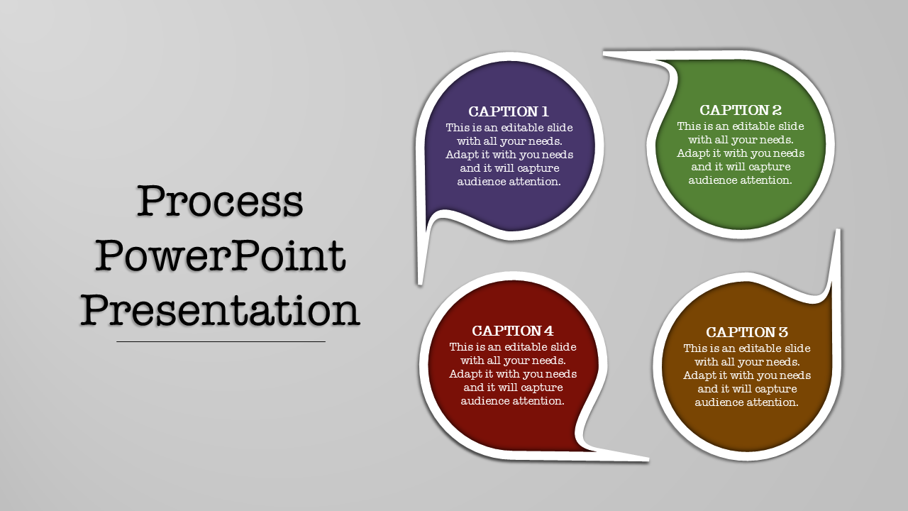 A PowerPoint slide featuring four colorful speech bubbles, each with captions for a process presentation.