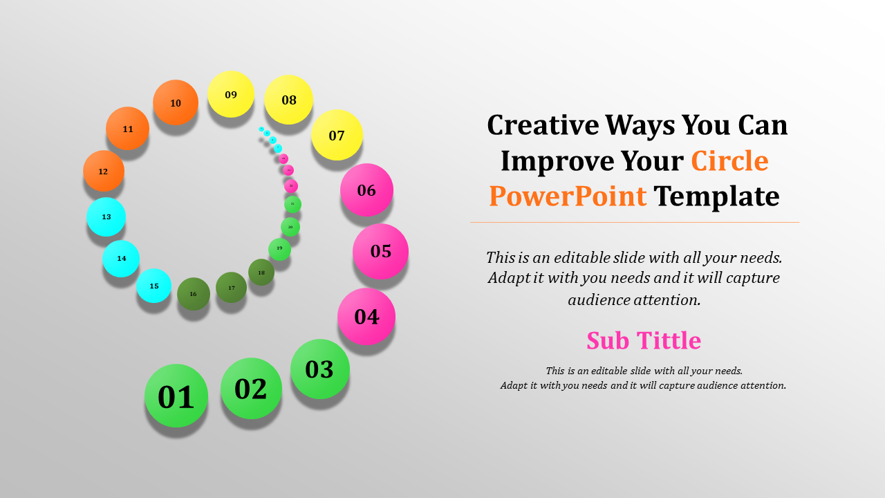 Spiral design of numbered circles in various colors with bold text instructions for improving slides.