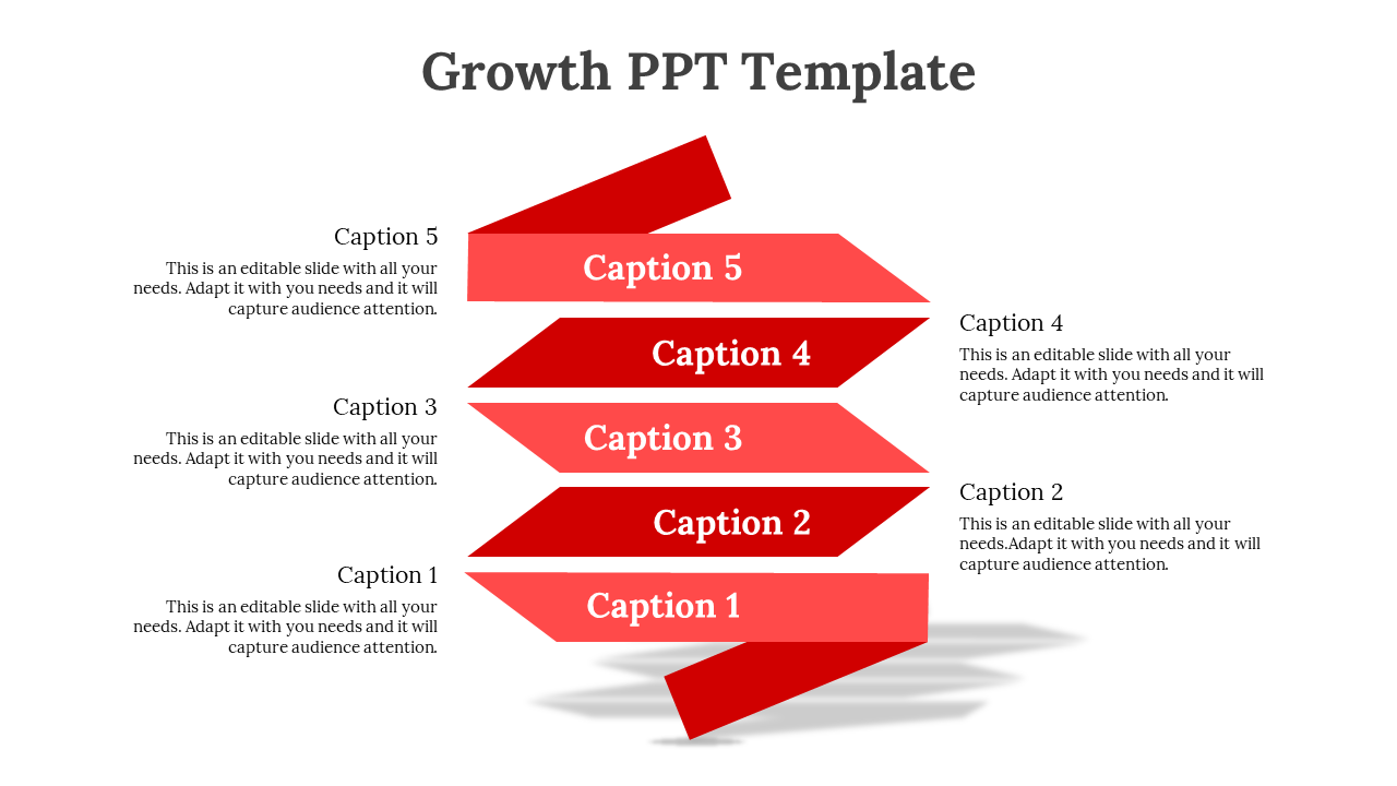 PowerPoint slide featuring five stages of growth, each labeled with a caption and connected by red arrows.