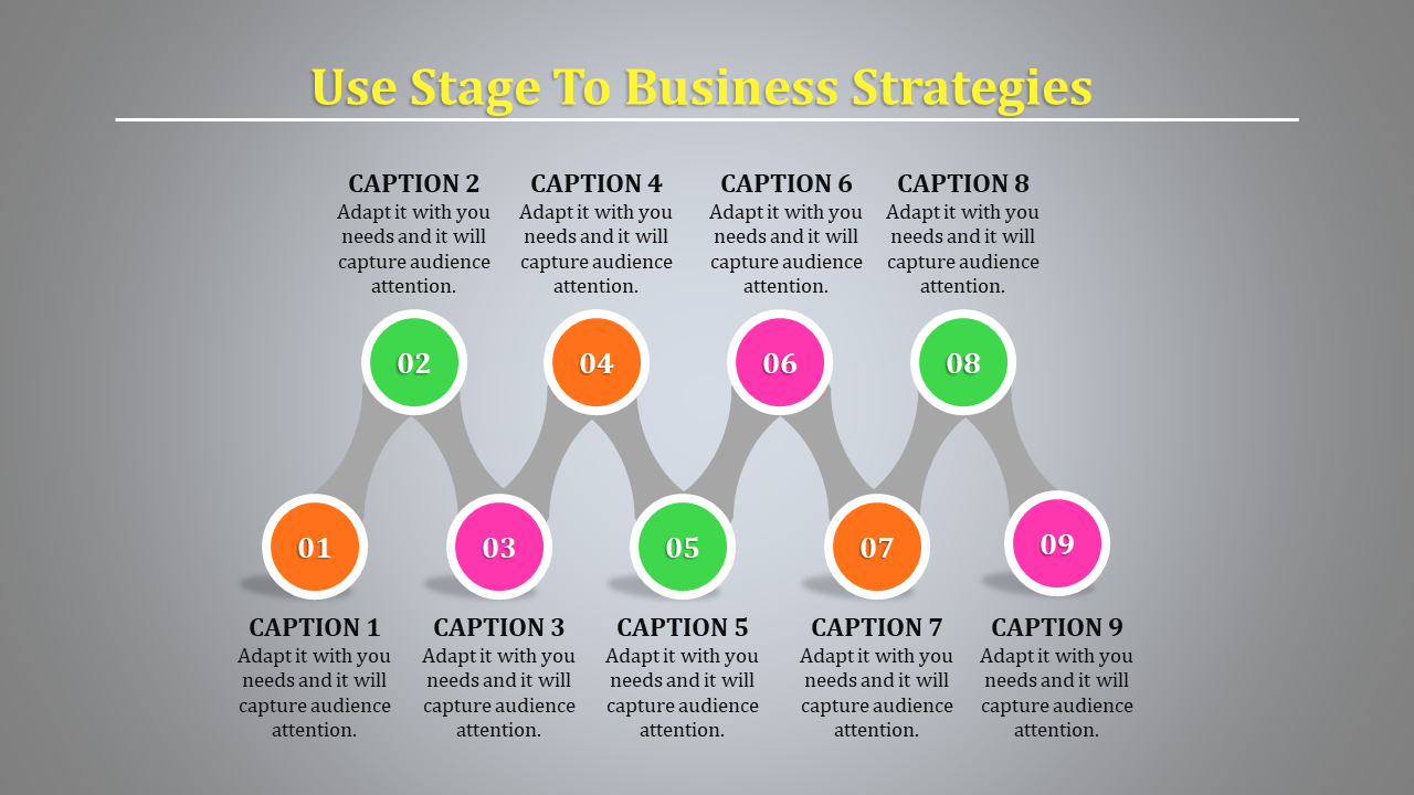 Business strategy infographic with nine colorful numbered circles connected by curved gray lines on a light gray background.