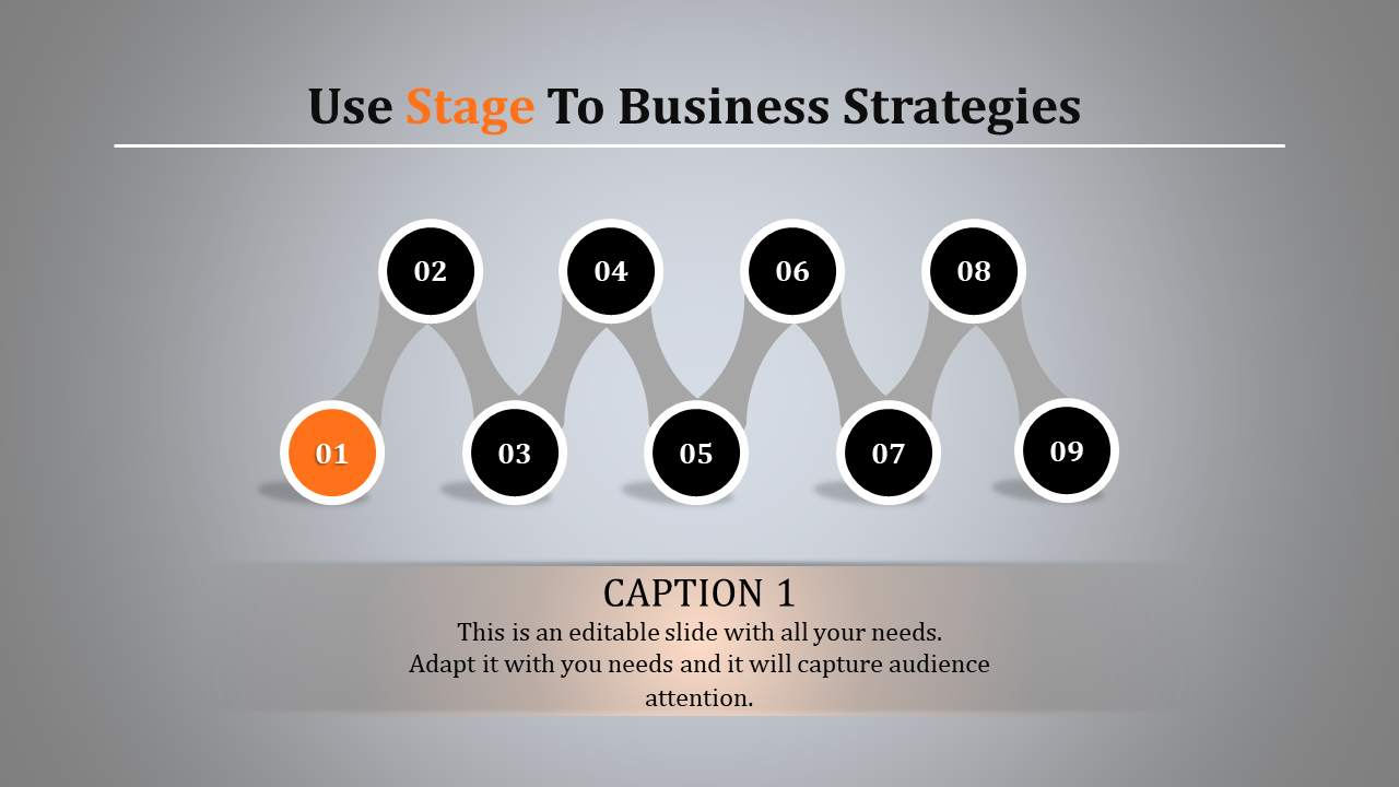 Stage PowerPoint template with numbered circles connected by lines, each circle representing a business strategy step.
