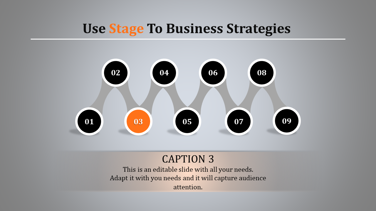 Slide featuring nine interconnected circles with bold numbers, one in orange, set against a gradient gray backdrop.
