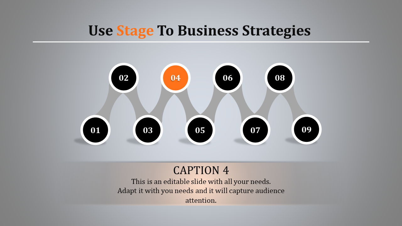 Stage PowerPoint template with numbered circles from 1 to 9, showing business strategy steps with one highlighted step 4.