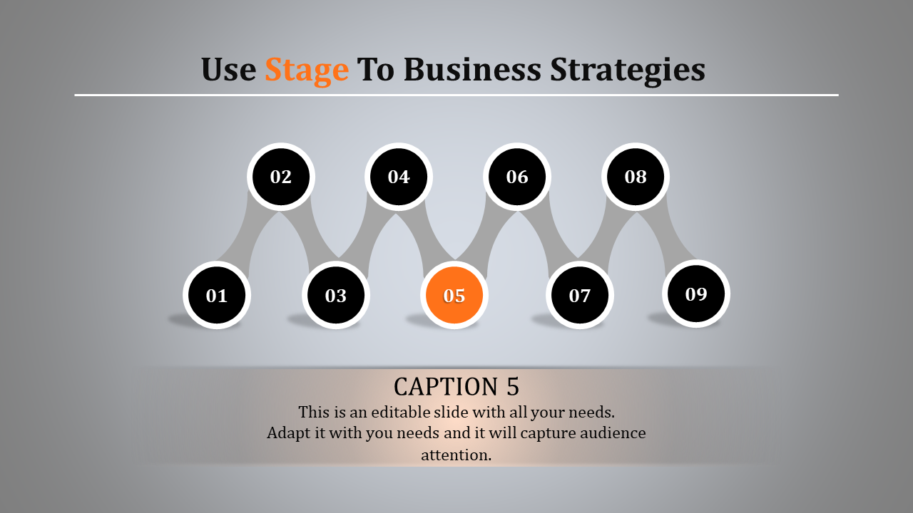 Business strategy flowchart with black nodes, orange-highlighted number 5 and connecting gray curves.
