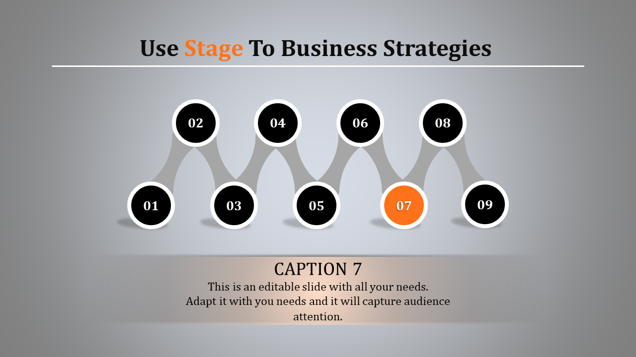 Stage template with nine numbered circles highlighting step 7 in orange, connected by lines to represent business strategies.