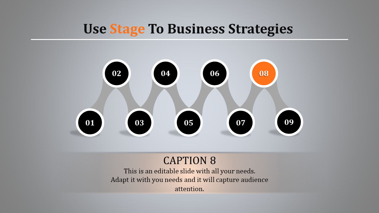 Linear layout with connected black circles numbered 01 to 09, highlighting number 08 in orange, on a gray background.