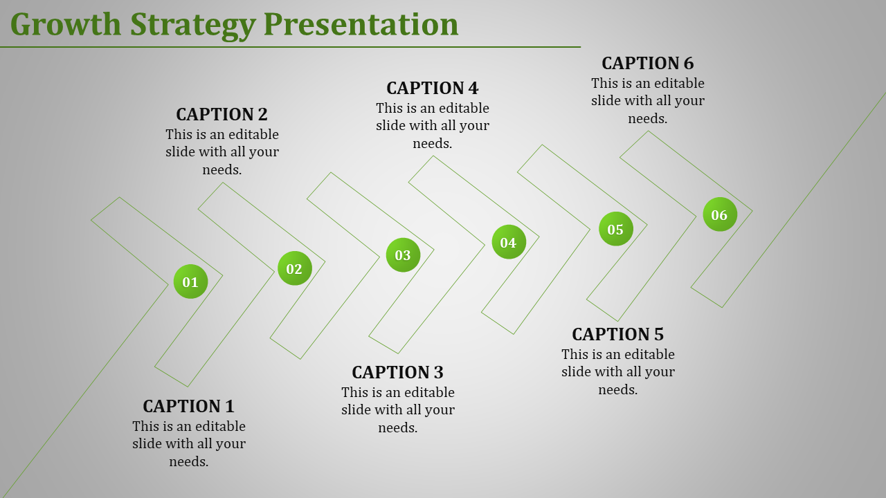 Growth slide with arrow pathways, featuring six circular numbered points, and captions on a light gray background.