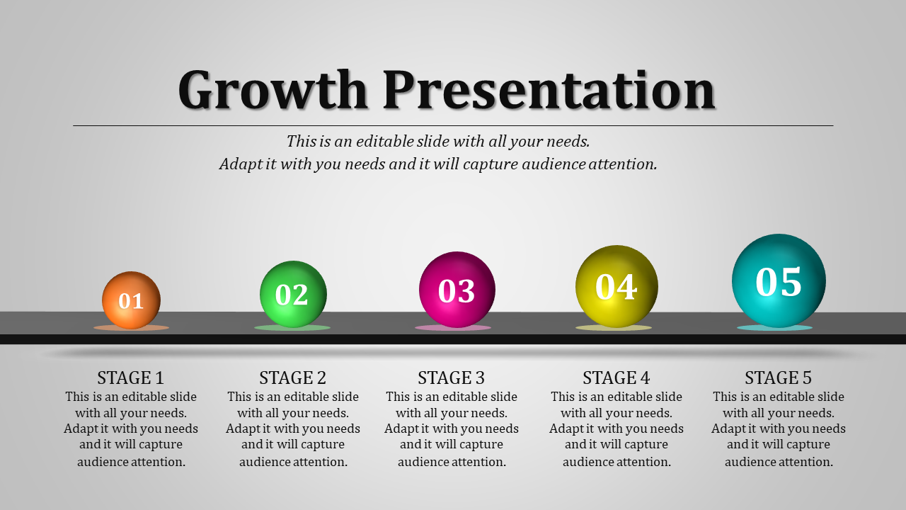 Slide depicting growth stages with five colored spheres on a horizontal bar, labeled numerically from 01 to 05 with caption.