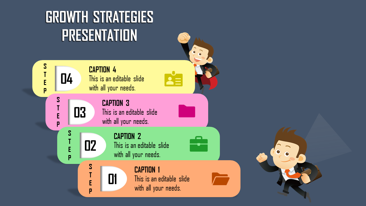 Growth slide with four steps in yellow, pink, green, and orange, with icons and illustrated businessman, on a blue background