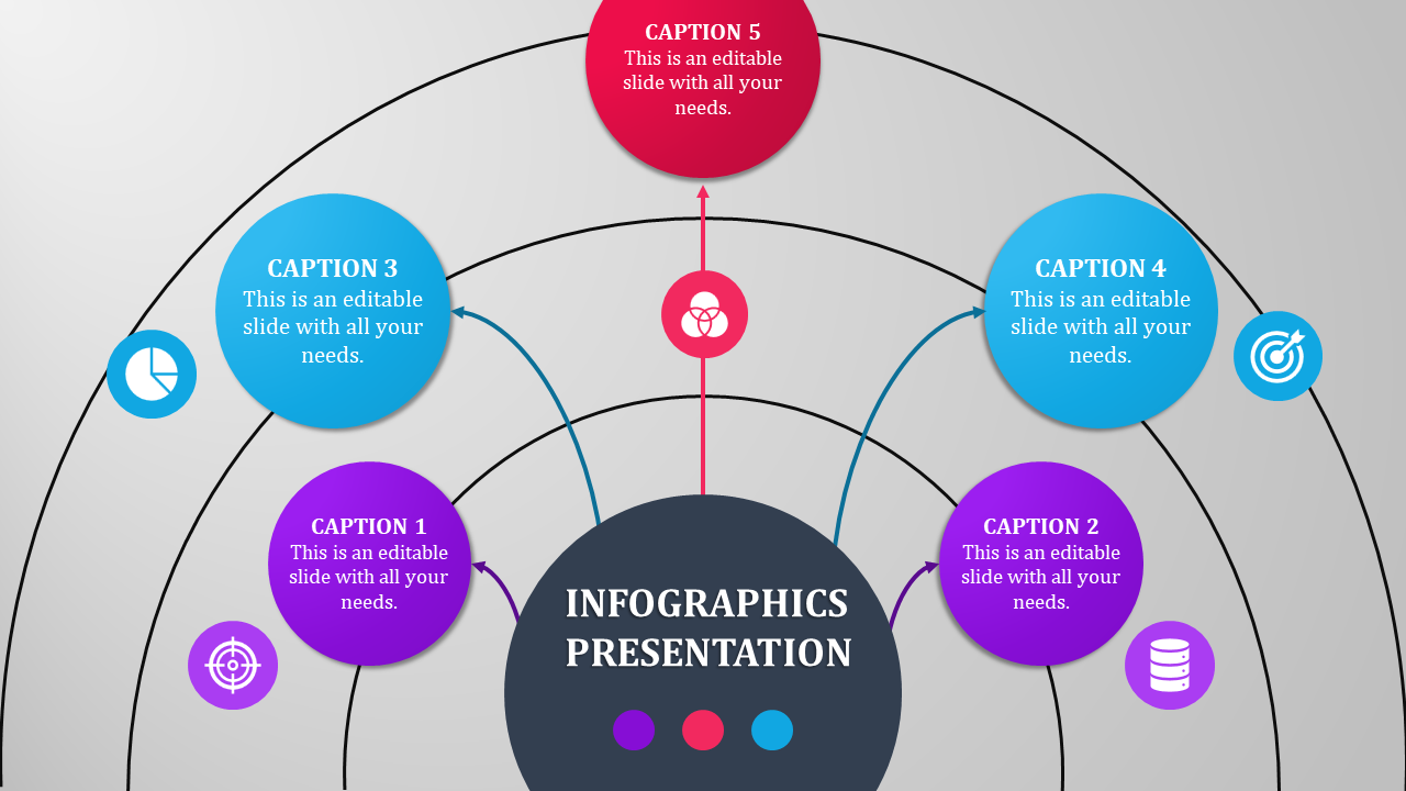 Infographic featuring a central red node linked to four outer nodes in blue and purple, arranged in a radial pattern.