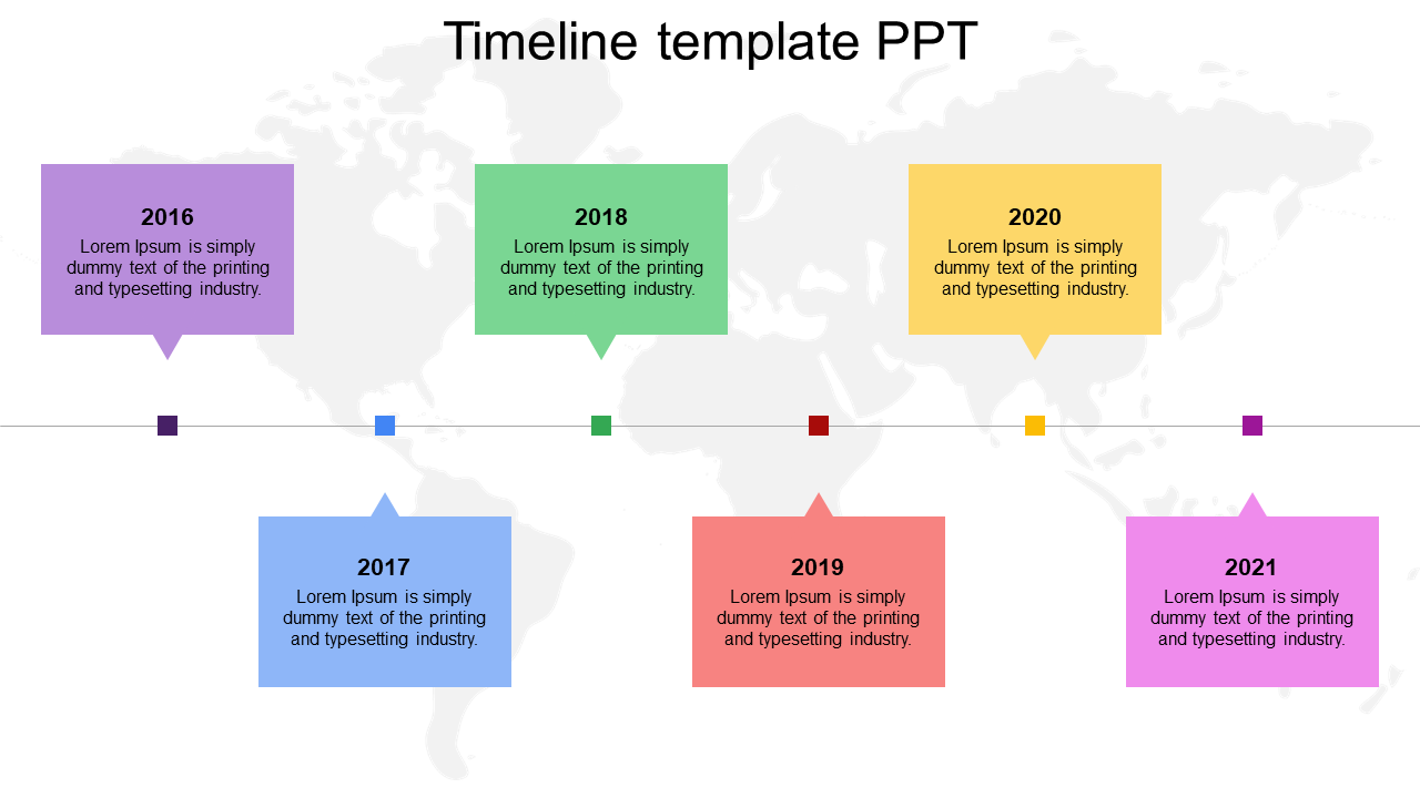 Horizontal timeline with colorful boxes for years 2016 to 2021, featuring a world map as the background.