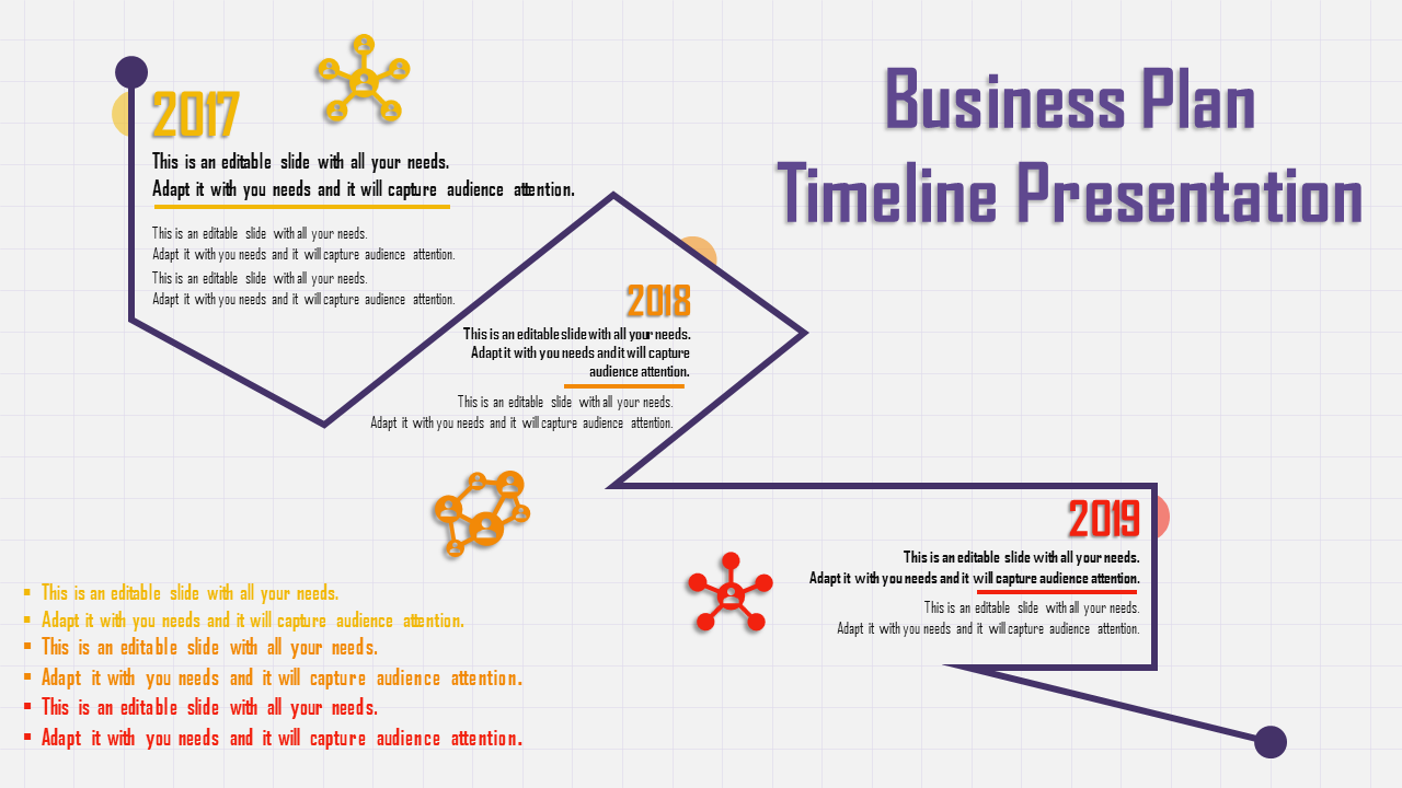 Business timeline featuring three diamond-shaped sections labeled 2017, 2018, and 2019, connected by a bold purple line.