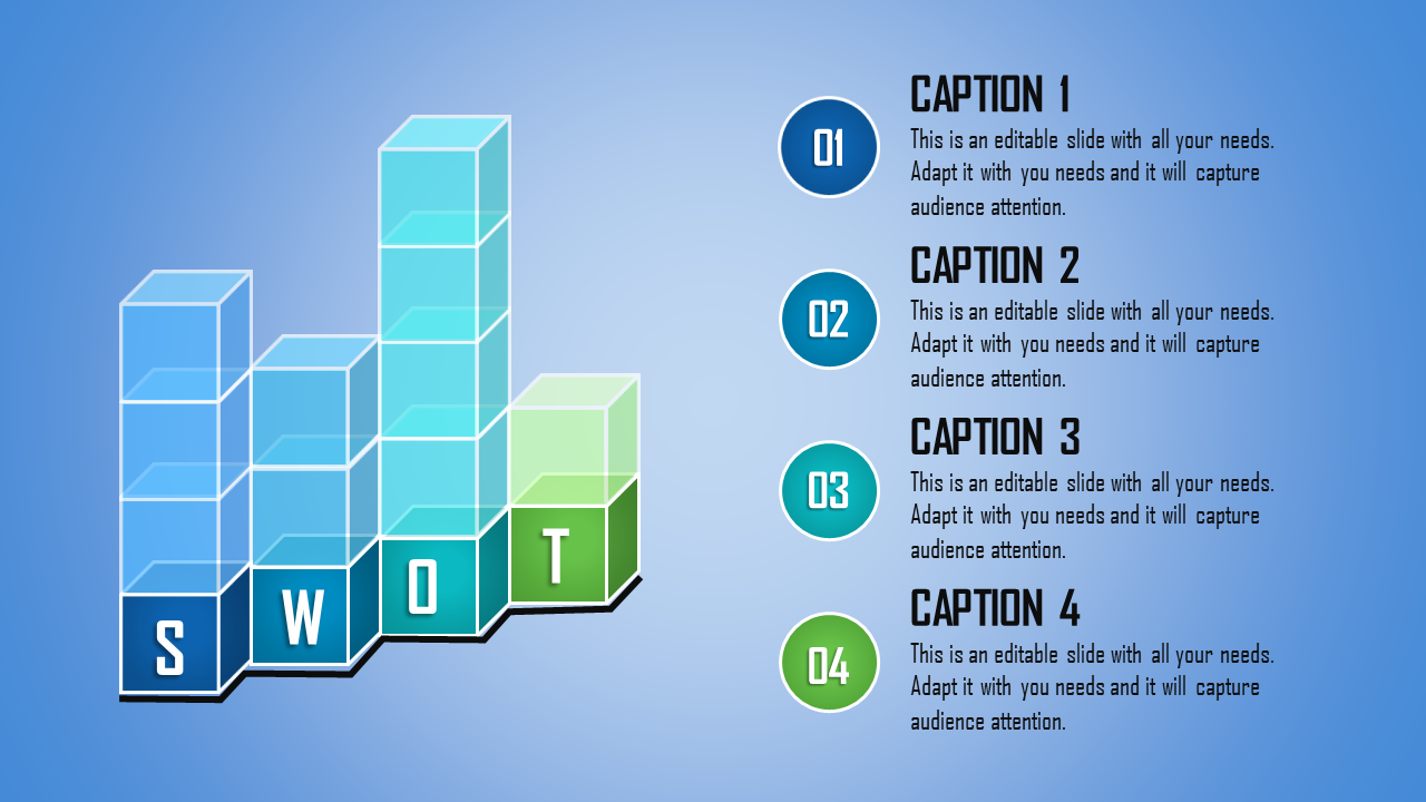 Blue background slide with stacked 3D cube bars labeled SWOT on the left and four circular captions on the right.