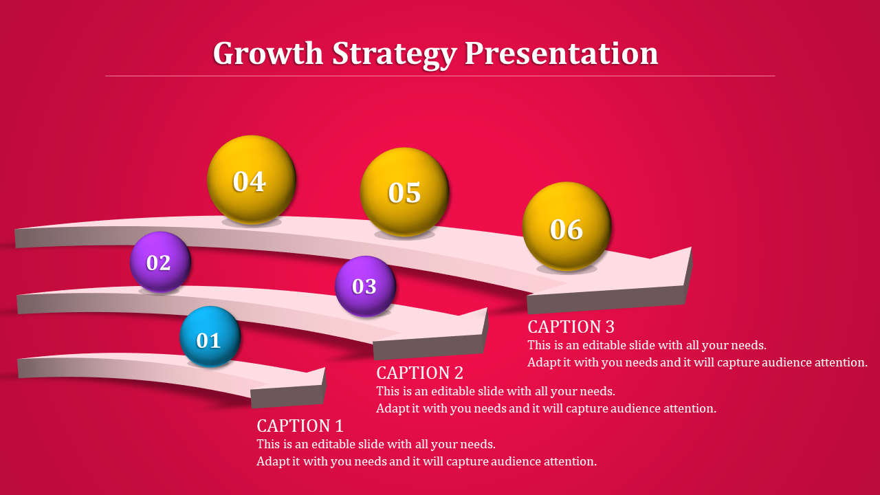 Growth strategy presentation with six colorful spheres following a curved path on a vibrant background with captions.