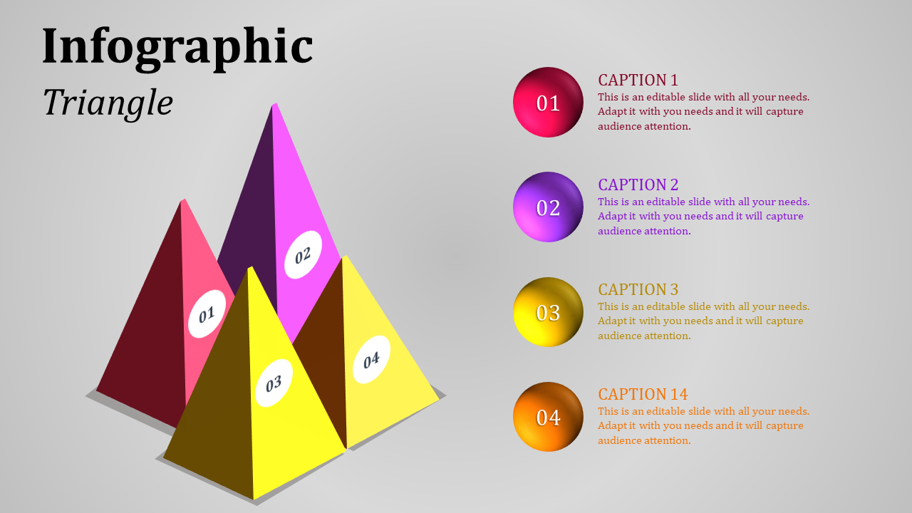 Four 3D pyramids in red, pink, yellow, and purple, each numbered 01 to 04, with captions areas on the right.