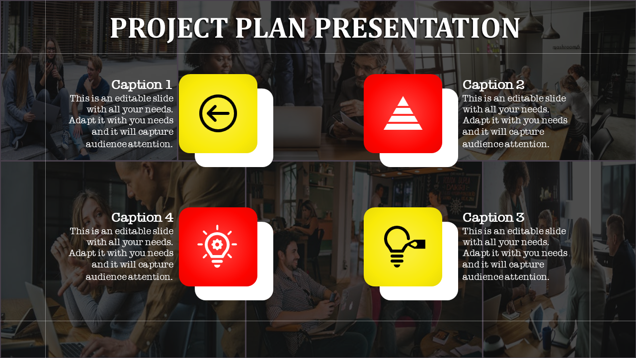 Project plan PowerPoint slide with colorful icons in yellow and red alongside captions and a team working in the background.