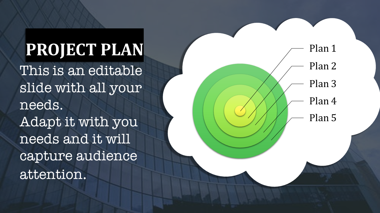 Project planning slide featuring a cloud diagram with five concentric circles Plan 1 through 5 and a building background.