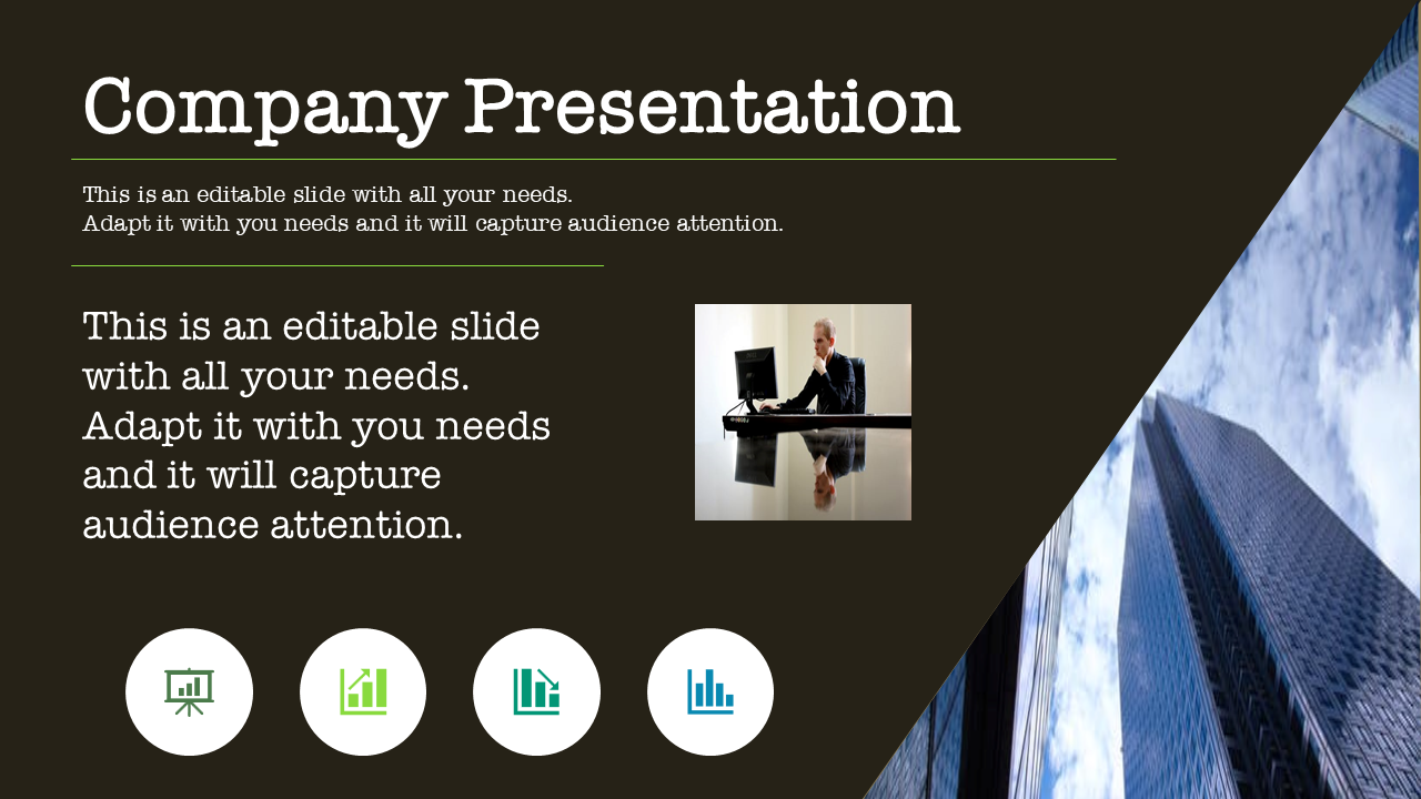 Professional company presentation slide with office workers and business icons with placeholder text.