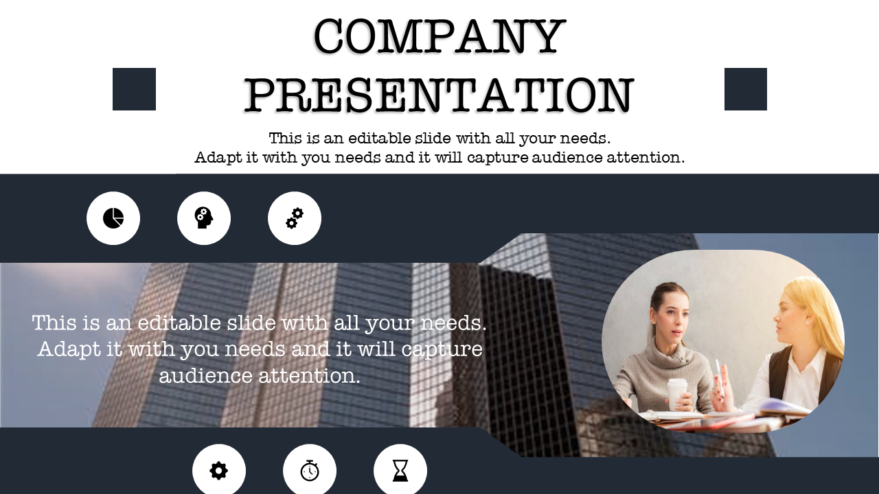 Company slide with a title text, business icons, a skyscraper background, and an image of two women in discussion.