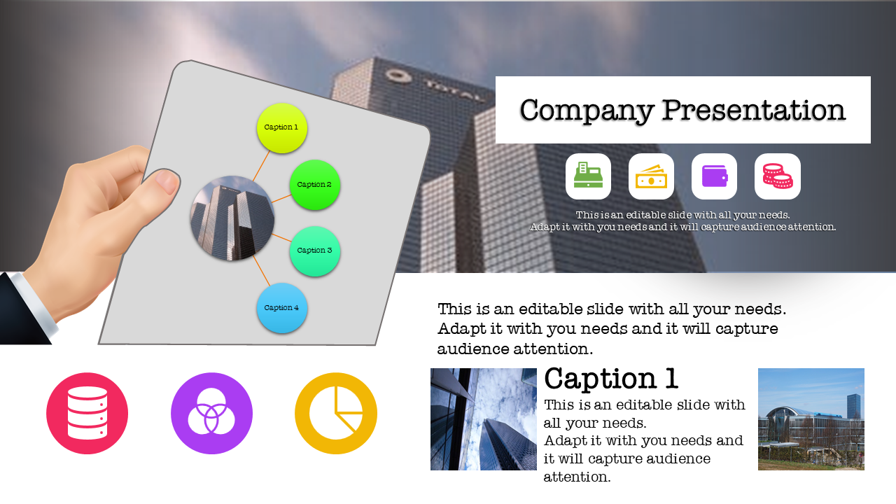 Hand holding a gray card with connected captions, a building background, and colorful company business icons.