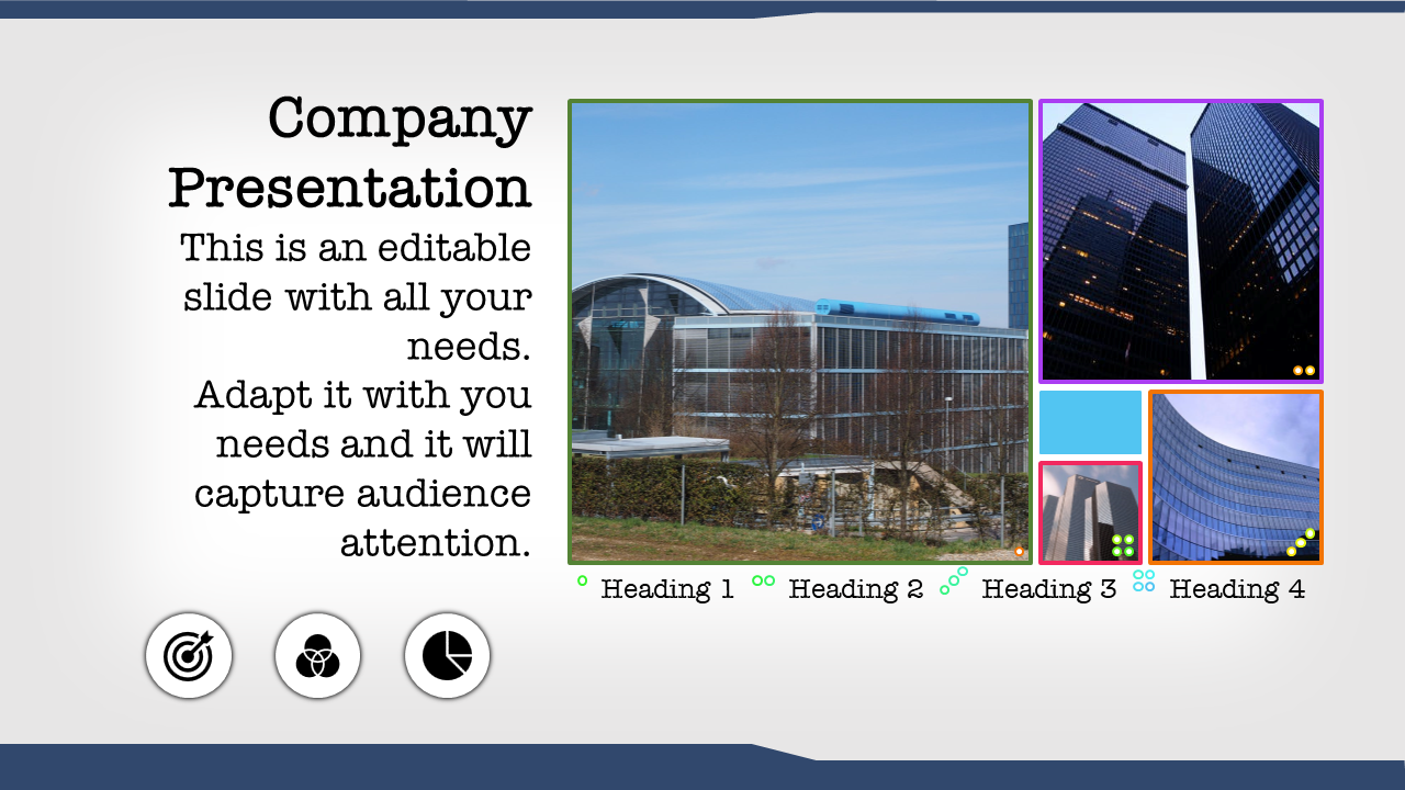 Company layout featuring a main photo of a building, additional skyscraper images, and circular icons at the bottom.