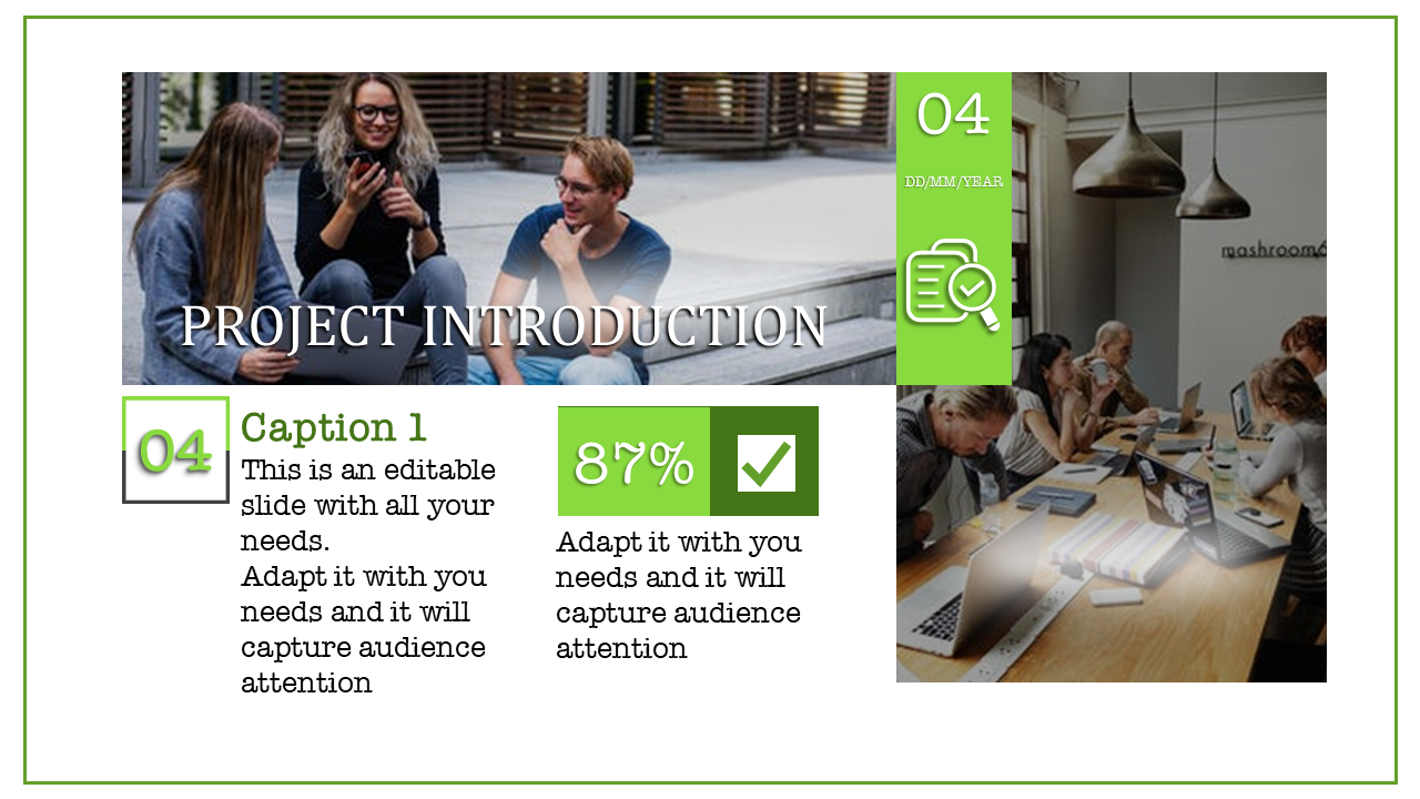 Slide featuring two teamwork images, with green accents, bold white text, and a percentage box for visual emphasis.