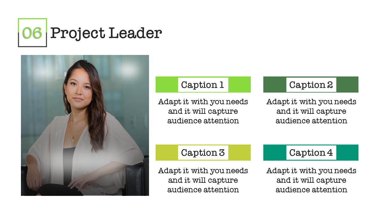 Office setting with female project leader photo beside four symmetrically arranged green content blocks.