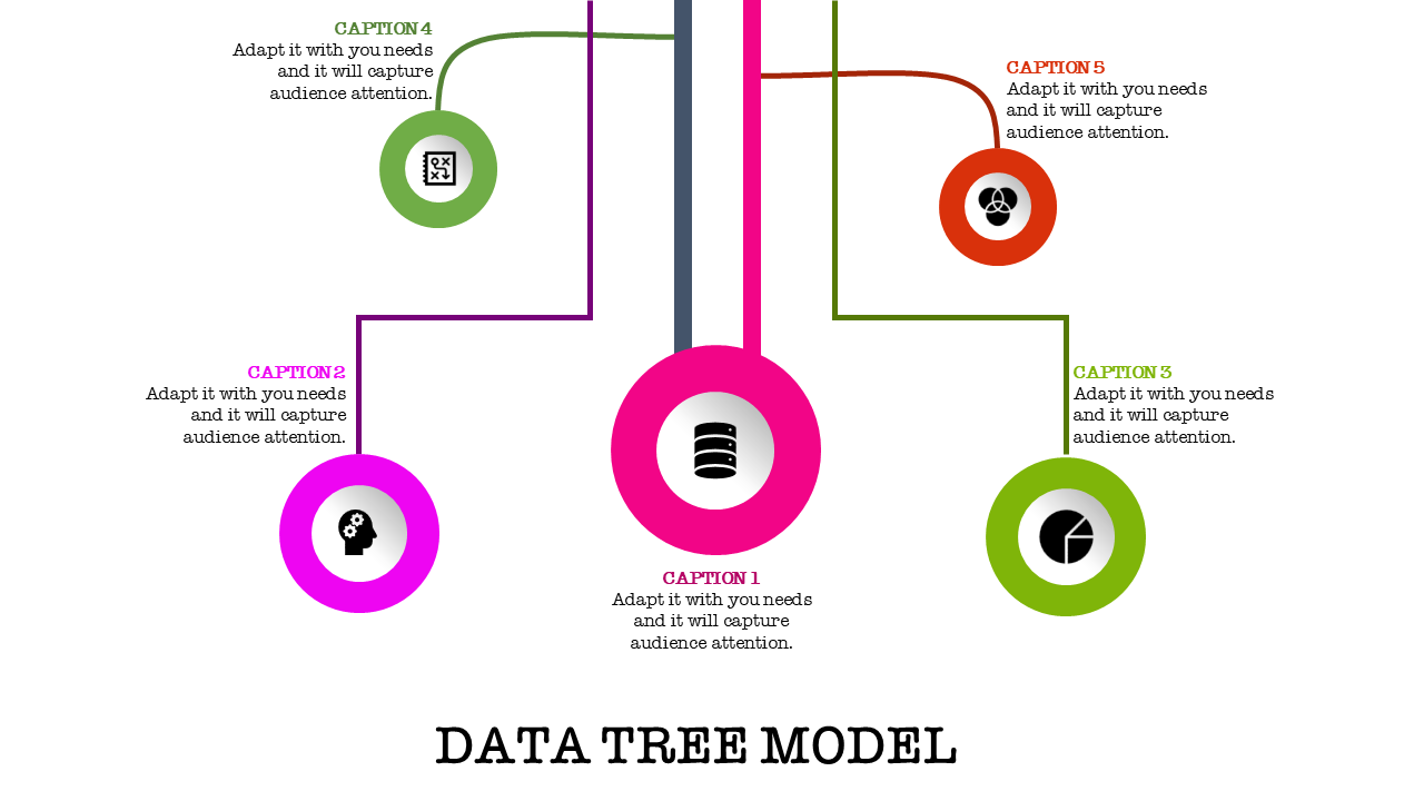 Data tree model PowerPoint template with circular icons and colorful captions sections.